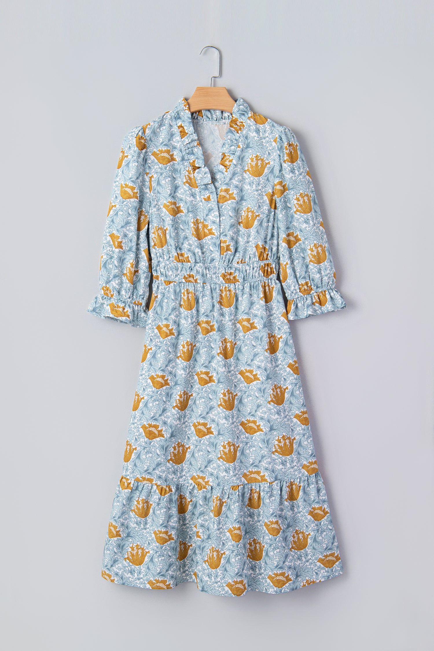 Brown Floral Printed Frilled V Neck Bracelet Sleeve Long Dress