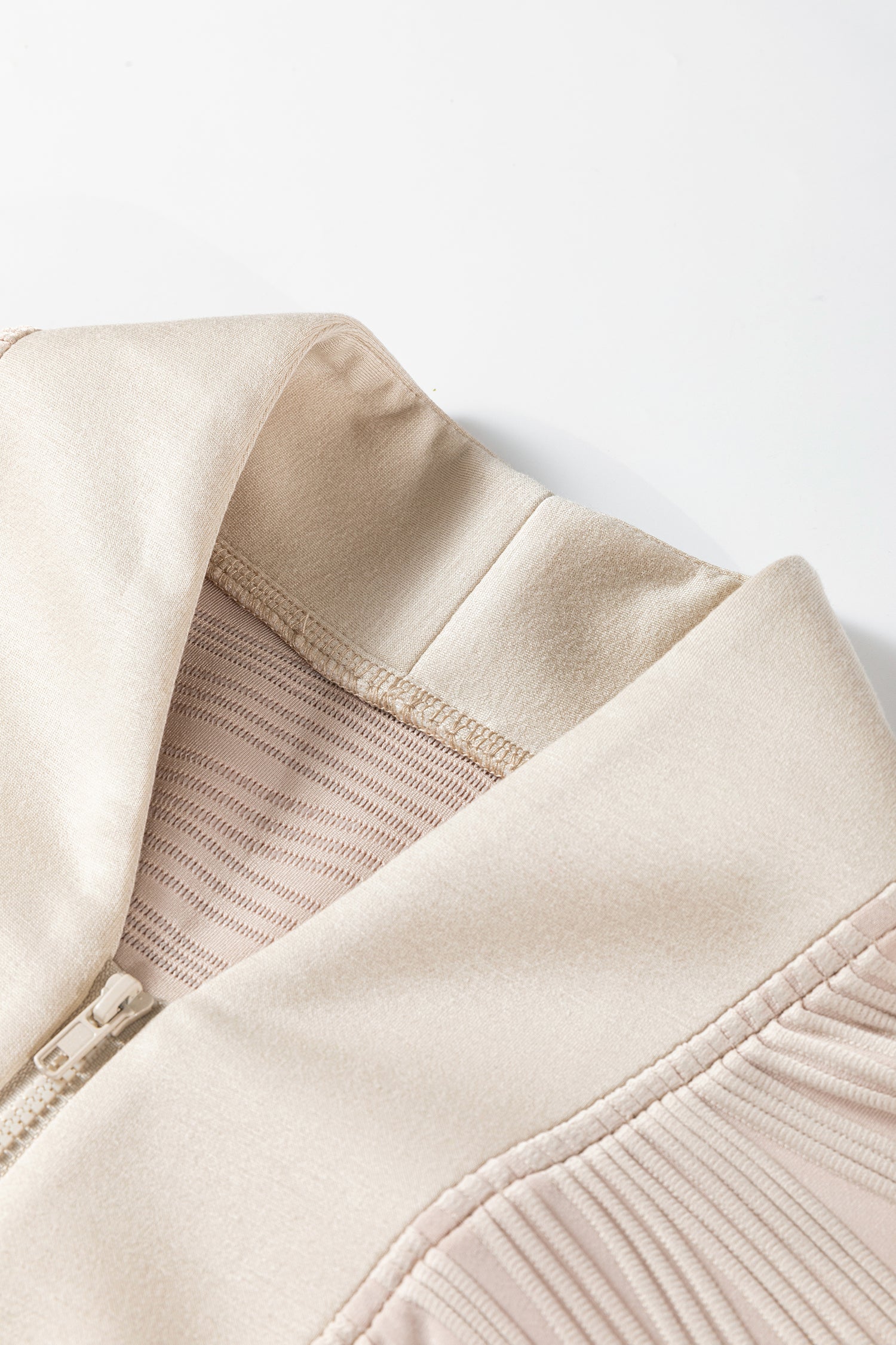 Parchment Solid Color Textured Zip V Neck Pullover Sweatshirt