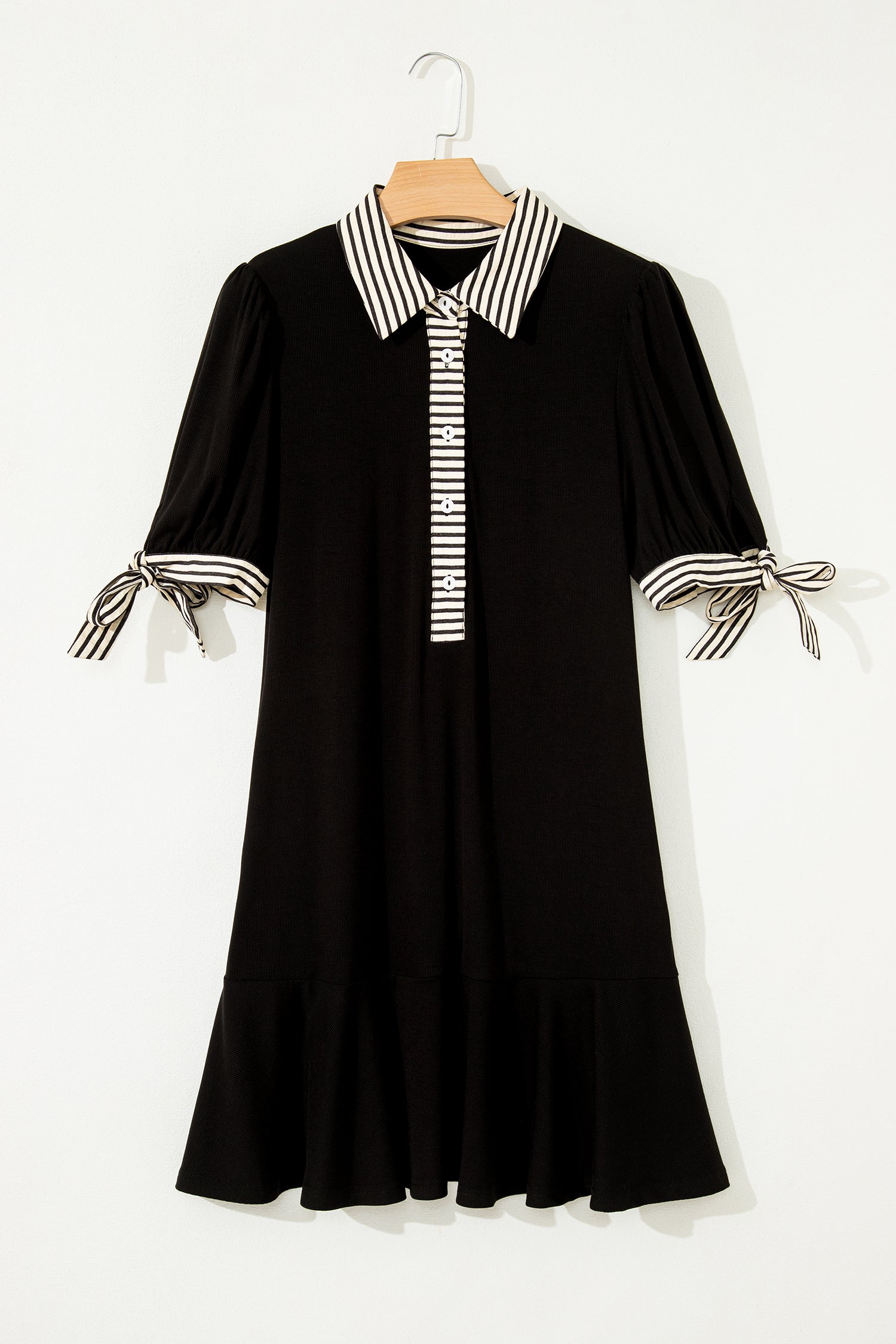 Black Stripe Detail Polo Collar Half Buttons Tied Short Sleeve Shift Mini Dress