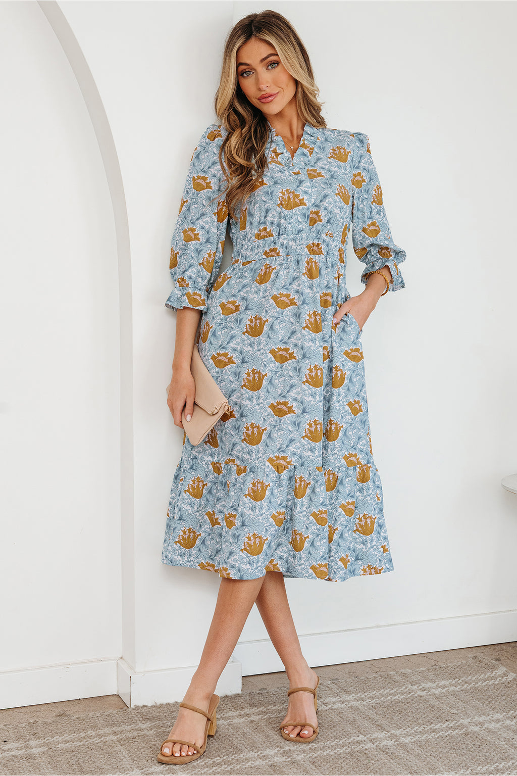 Brown Floral Printed Frilled V Neck Bracelet Sleeve Long Dress