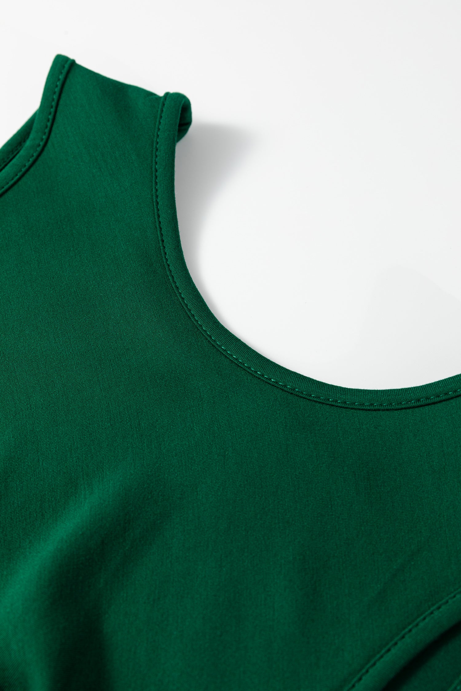 Blackish Green Solid Color Round Neck Ruched Detail Sleeveless Mini Dress