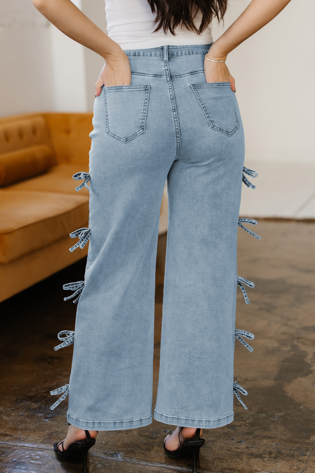 Beau Blue Bow Knot Side Detail Straight Leg Loose Jeans