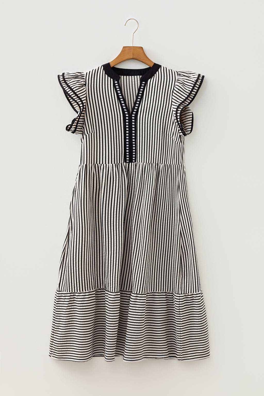 Black Stripe Double Ruffled Short Sleeve Contrast Trim V Neck Midi Dress