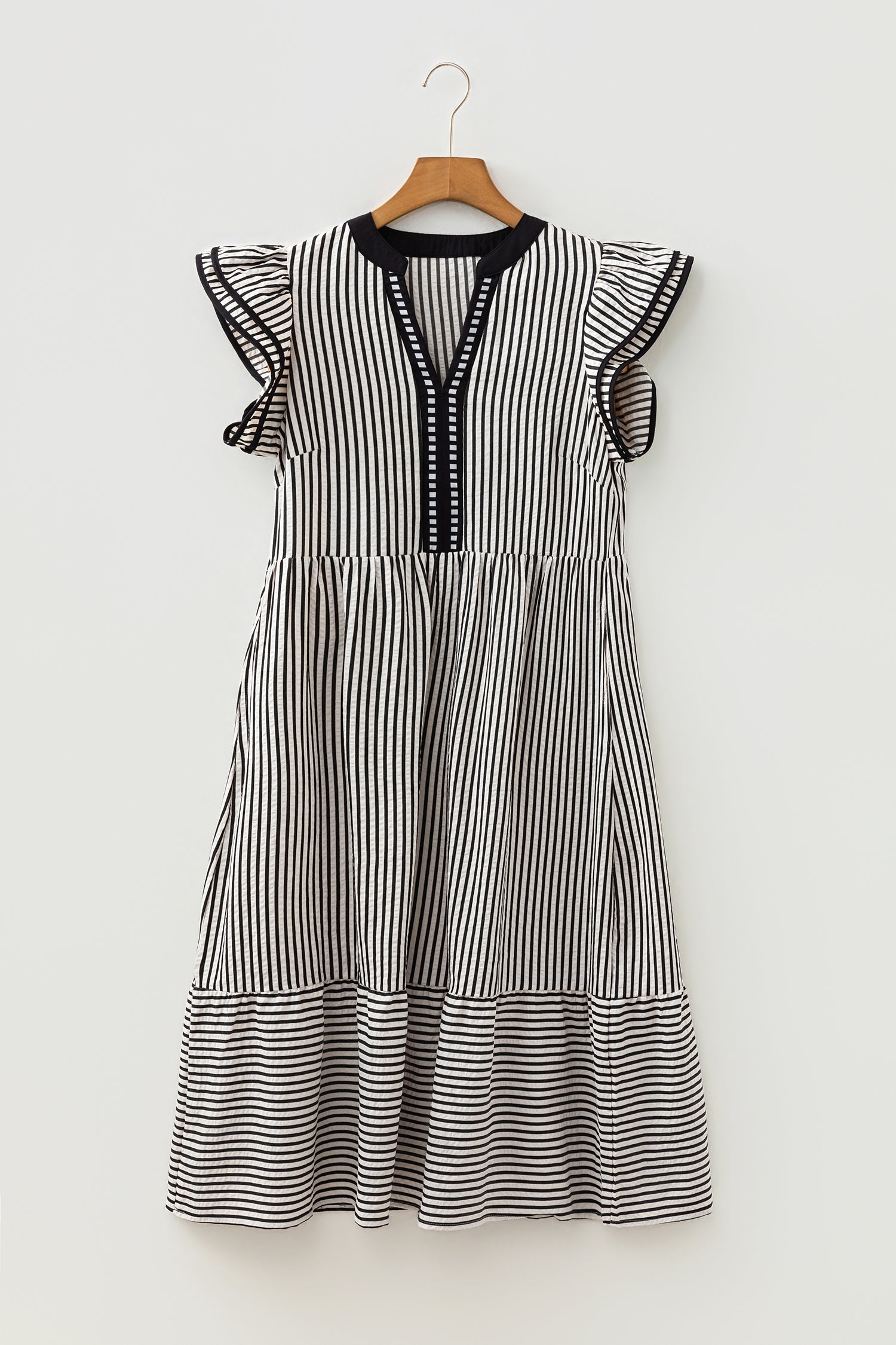 Black Stripe Double Ruffled Short Sleeve Contrast Trim V Neck Midi Dress