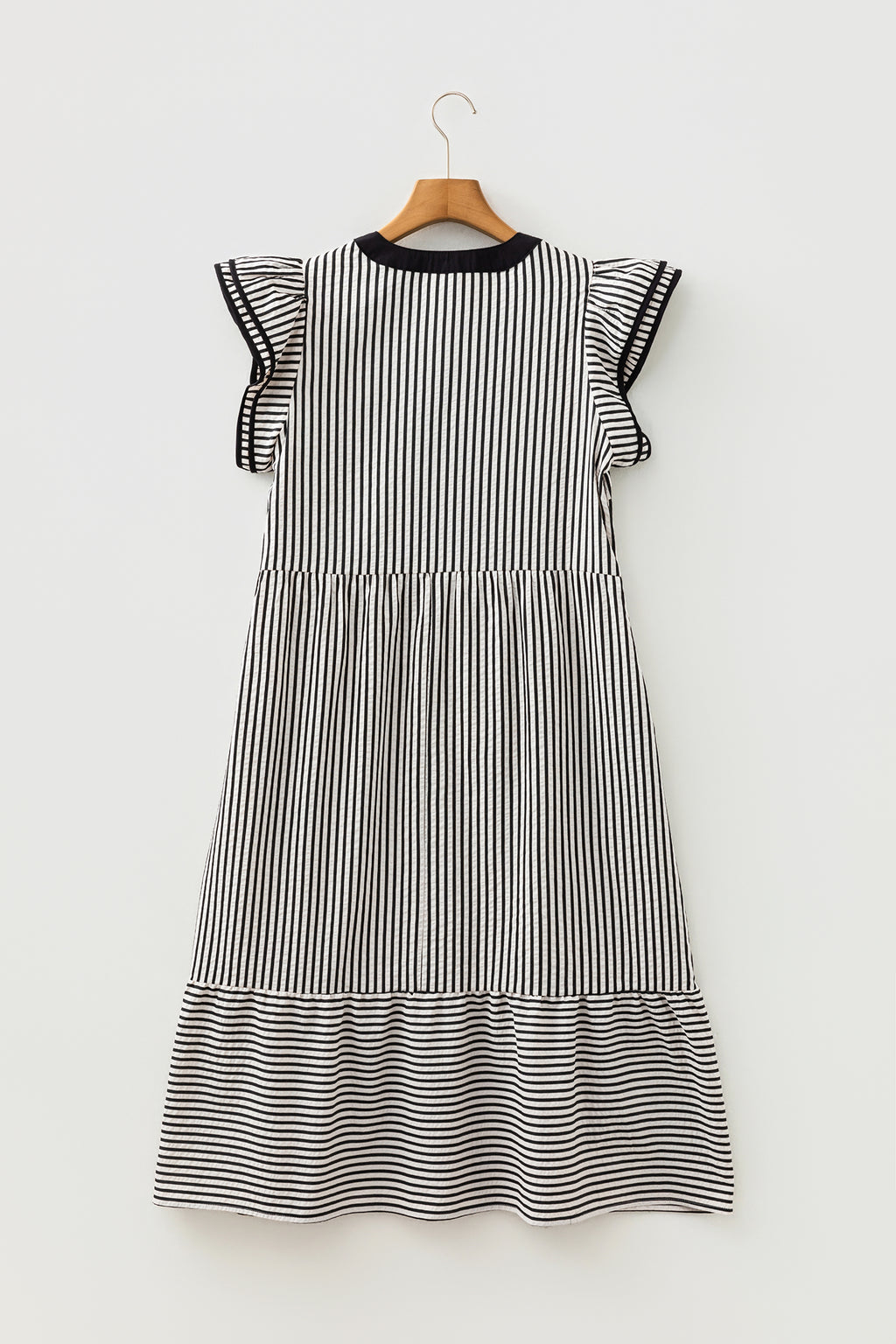 Black Stripe Double Ruffled Short Sleeve Contrast Trim V Neck Midi Dress