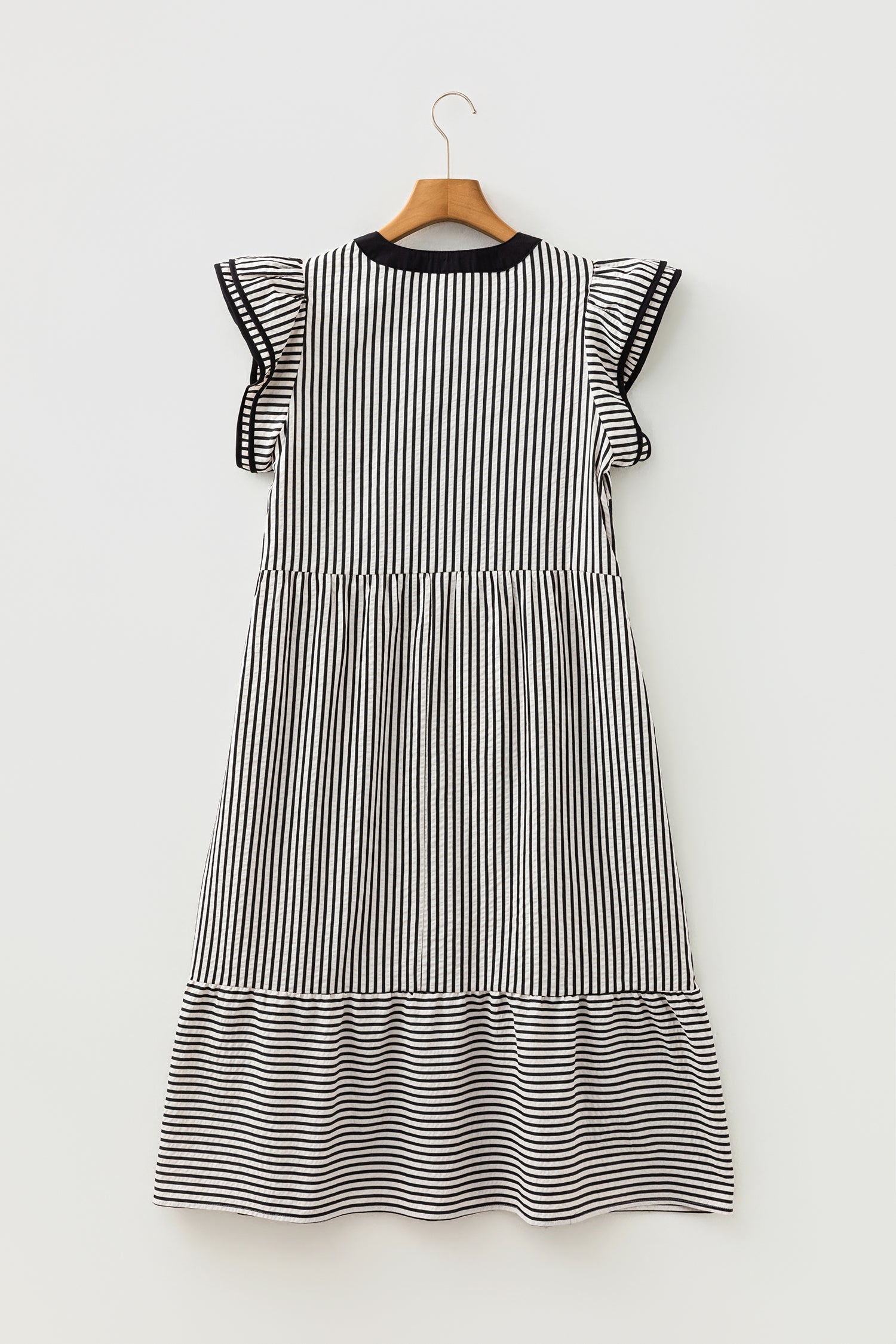 Black Stripe Double Ruffled Short Sleeve Contrast Trim V Neck Midi Dress