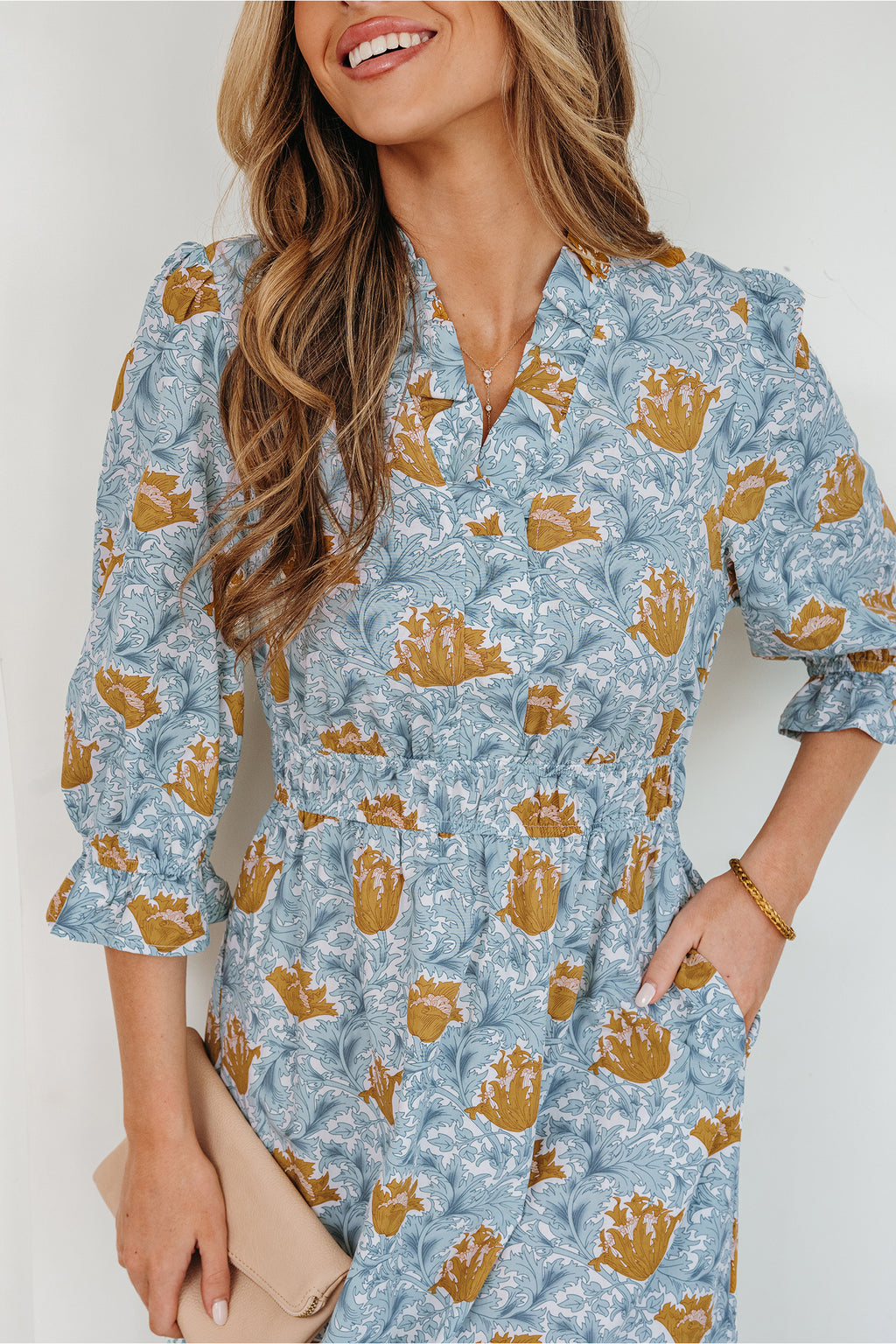 Brown Floral Printed Frilled V Neck Bracelet Sleeve Long Dress