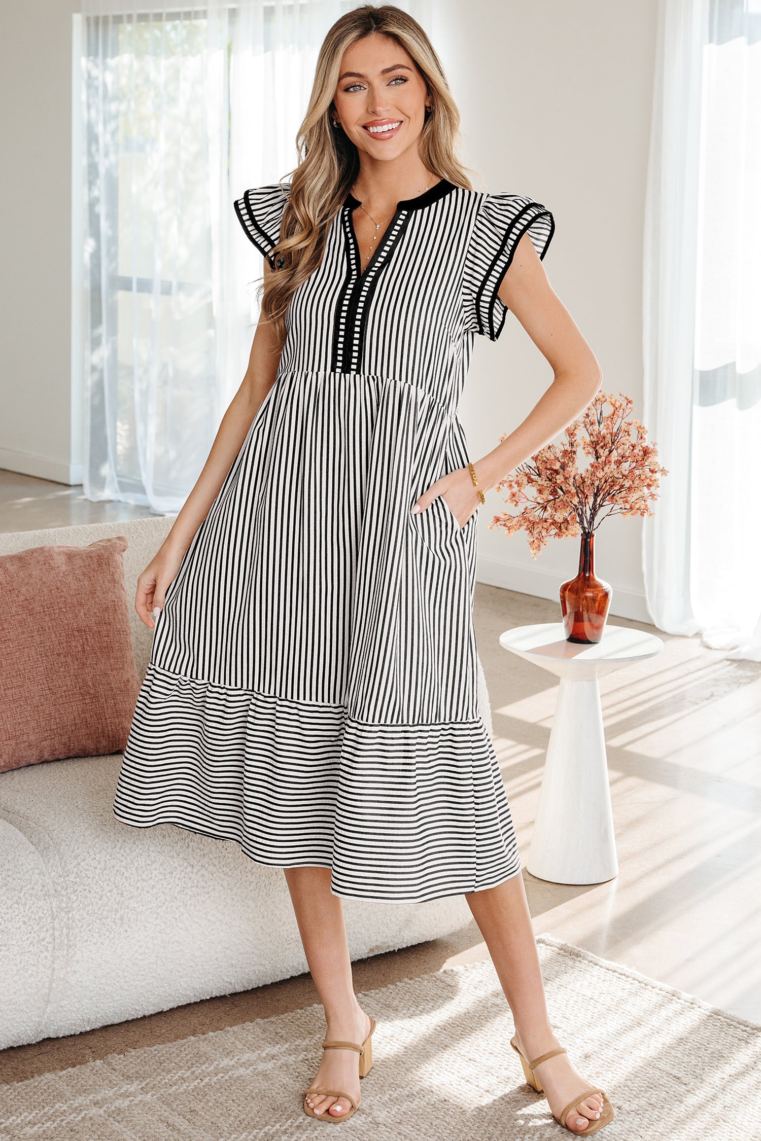 Black Stripe Double Ruffled Short Sleeve Contrast Trim V Neck Midi Dress
