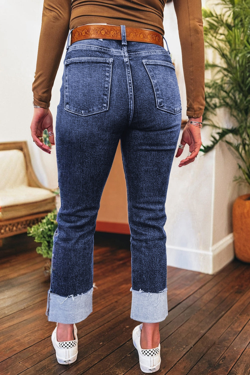 Real Teal Folded Cuffs Distressed Straight High Waist Jeans