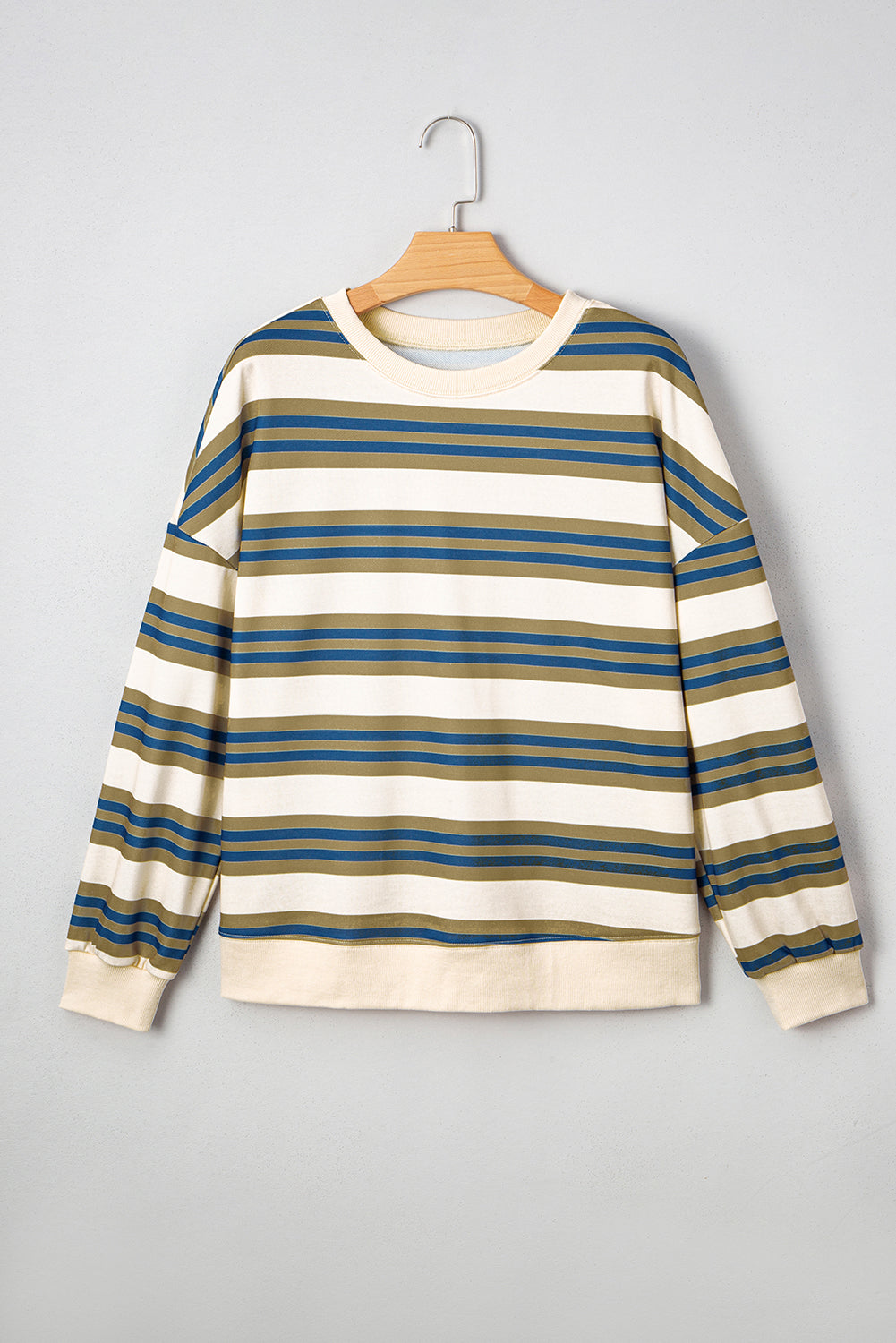 Khaki Stripe Crew Neck Drop Shoulder Pullover Sweatshirt