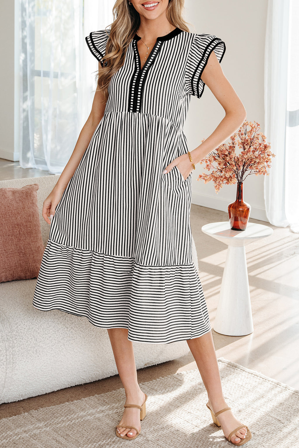 Black Stripe Double Ruffled Short Sleeve Contrast Trim V Neck Midi Dress