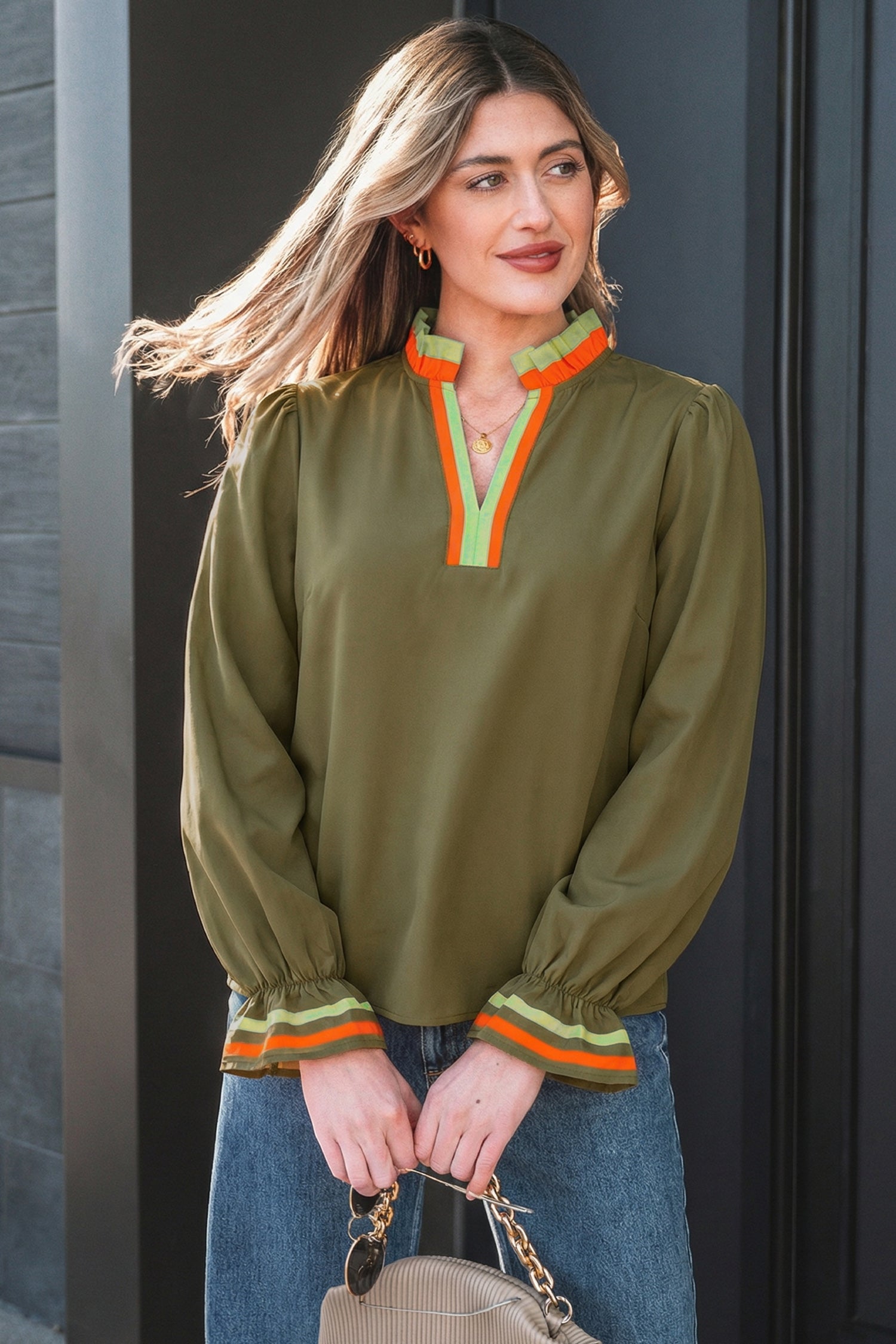 Four Leaf Clover Striped Trim Ruffle Split Neck Long Sleeve Blouse