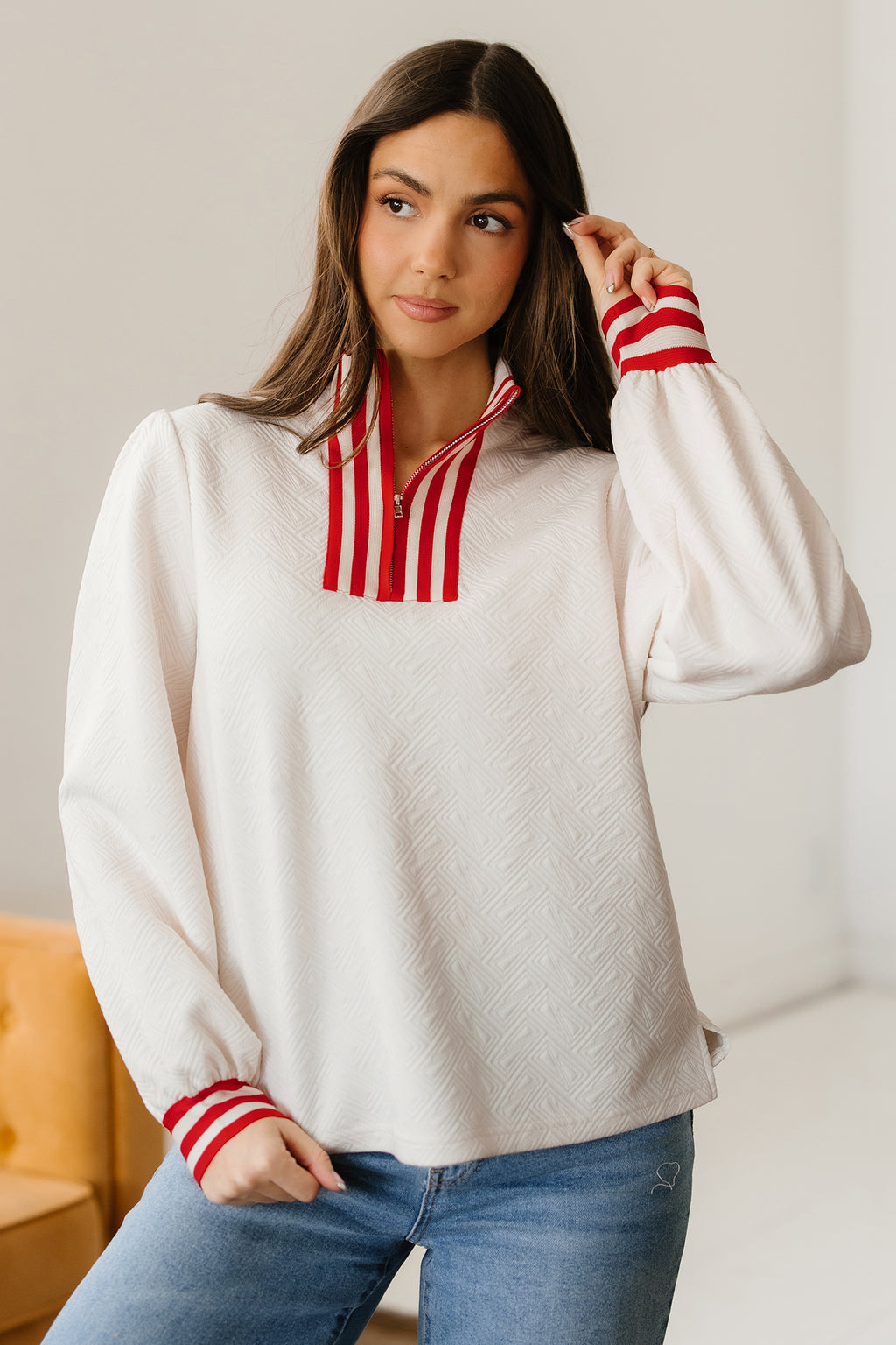 White Textured Knit Contrast Striped Accent Zipped Collar Pullover Top