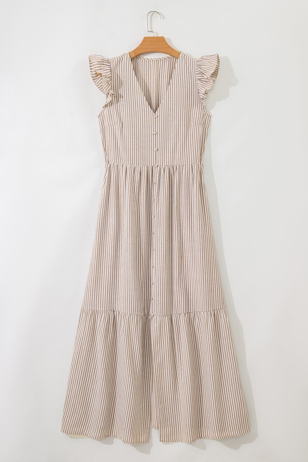 Khaki Stripe Flutter Sleeve Buttoned Front Slit Maxi Dress