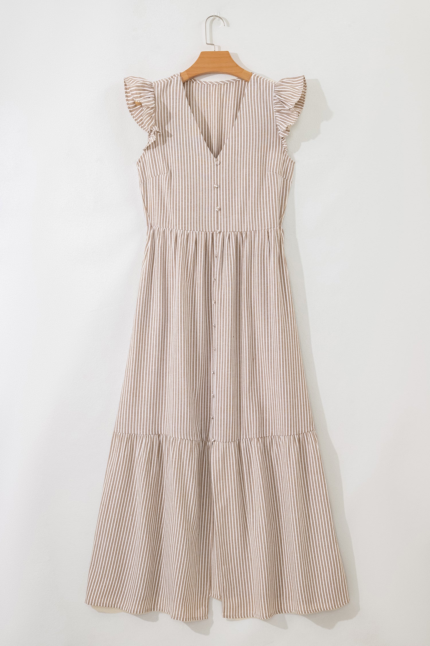 Khaki Stripe Flutter Sleeve Buttoned Front Slit Maxi Dress