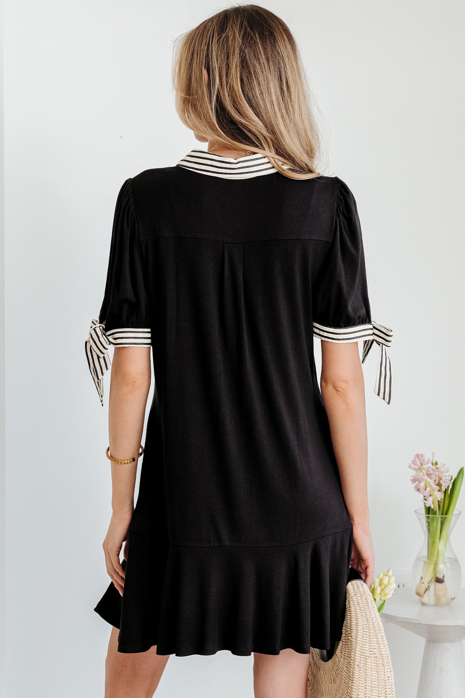 Black Stripe Detail Polo Collar Half Buttons Tied Short Sleeve Shift Mini Dress