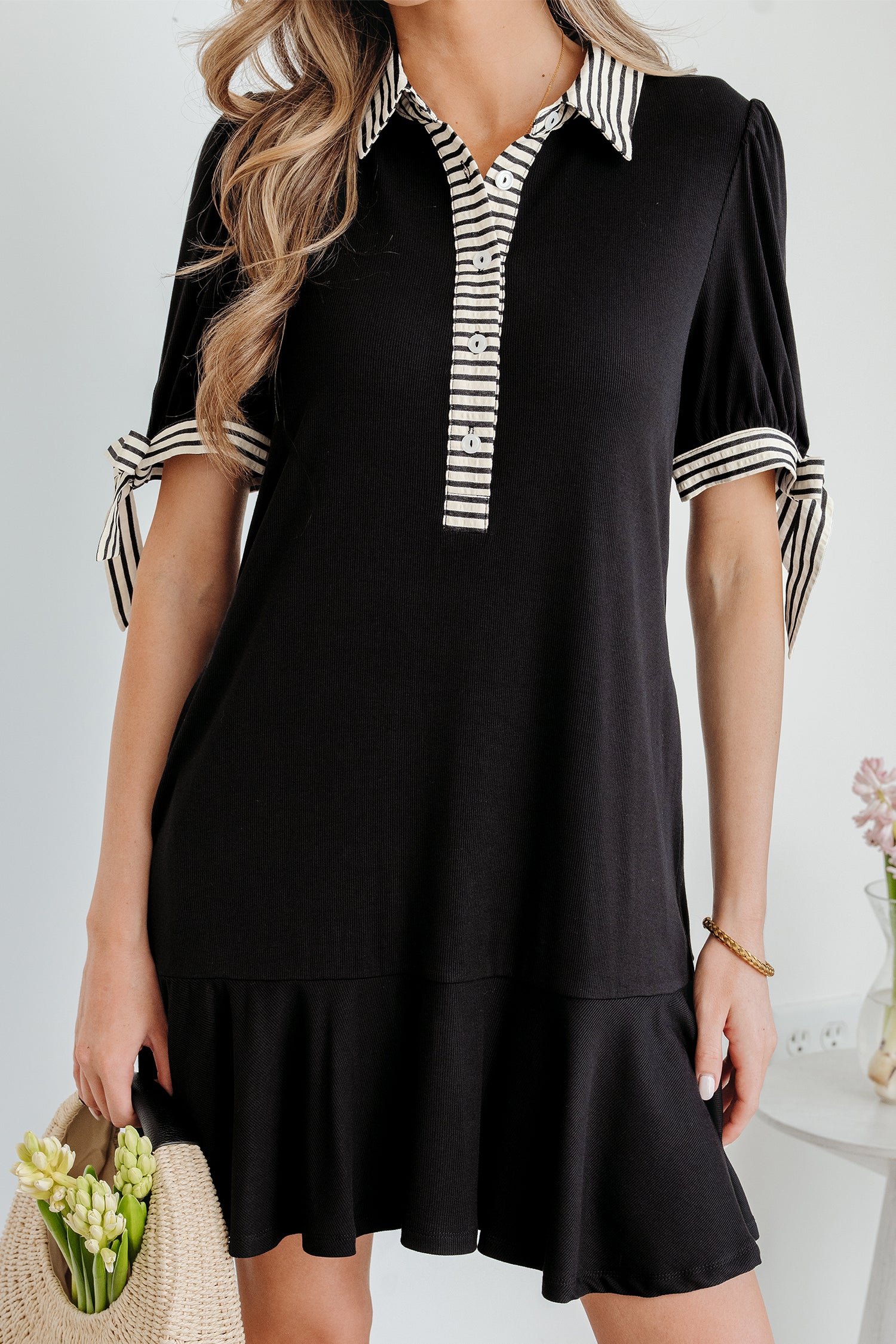 Black Stripe Detail Polo Collar Half Buttons Tied Short Sleeve Shift Mini Dress